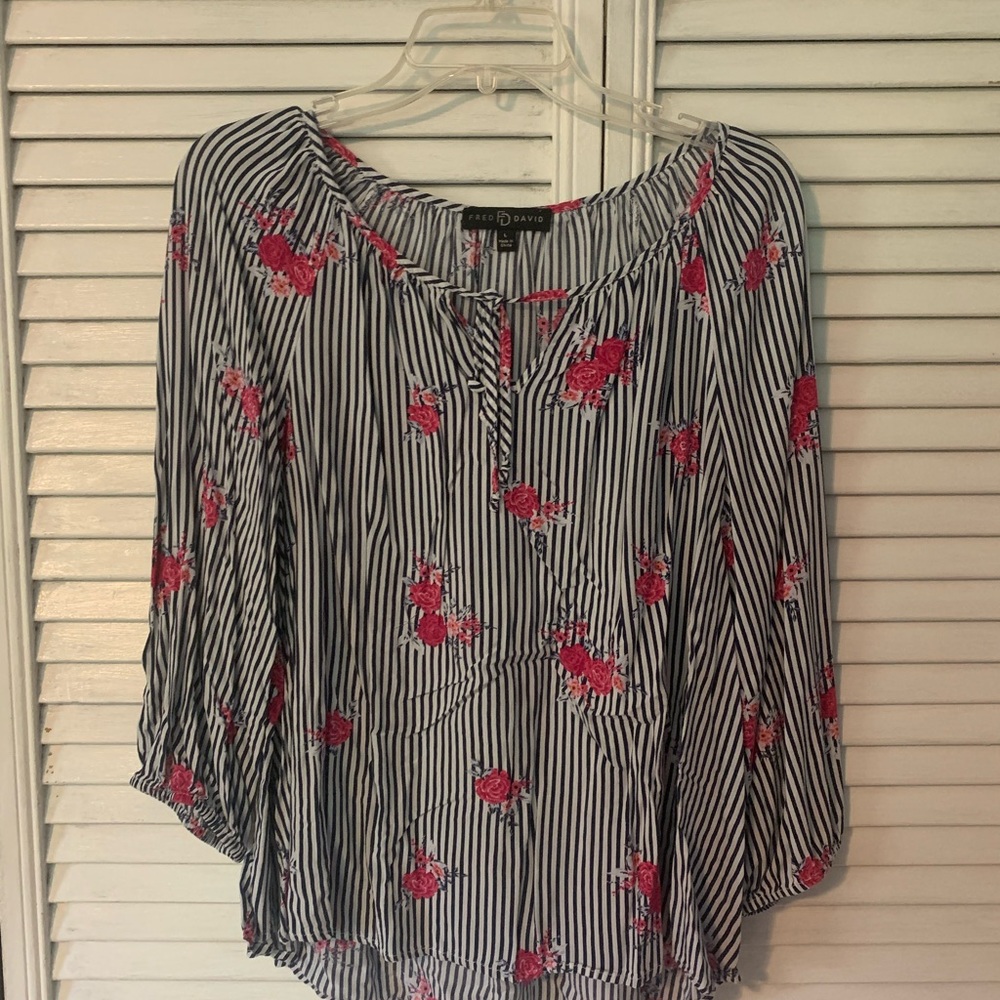 Fred David Blue and White Floral Striped Blouse